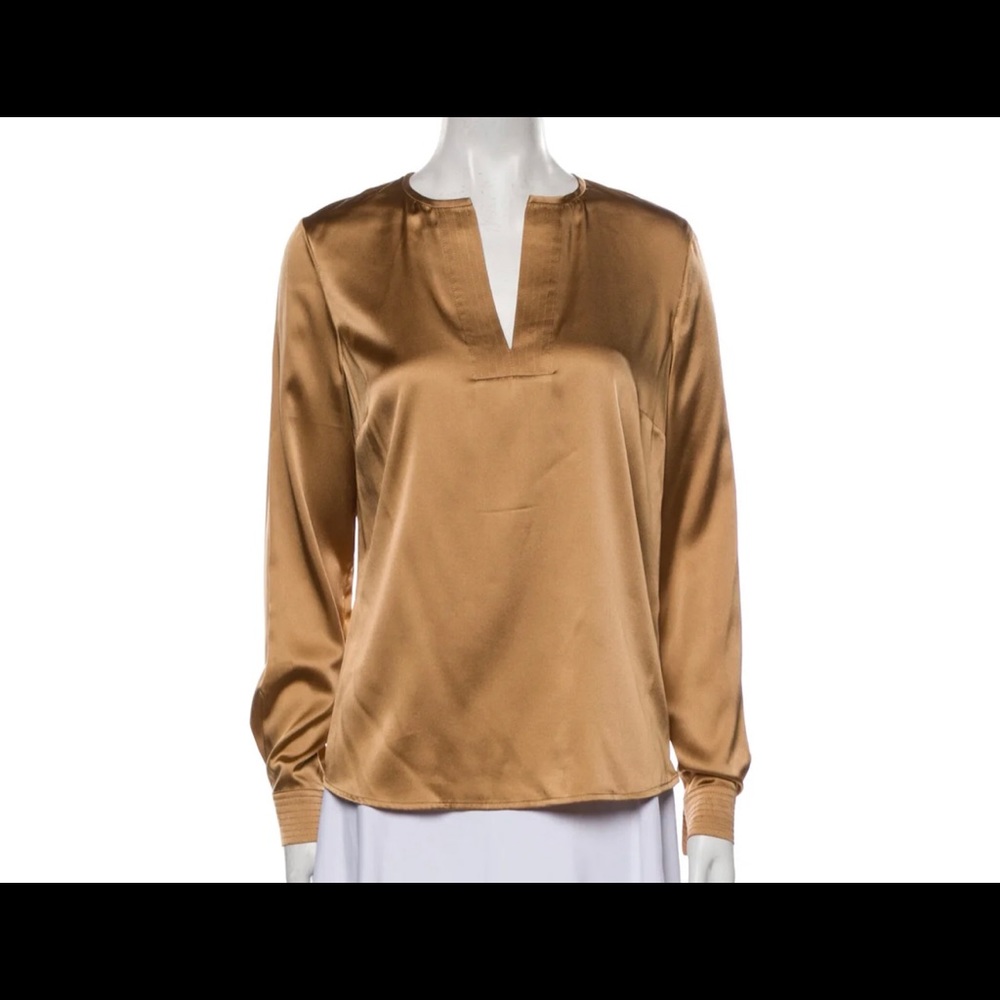 Gold Per Se Silk Blouse Long Sleeve V-Neck hidden side zipper size 10